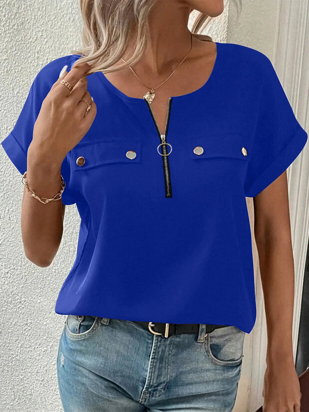 Casual Zipper Front Short Sleeve Blouse www.nizzadesign.com
