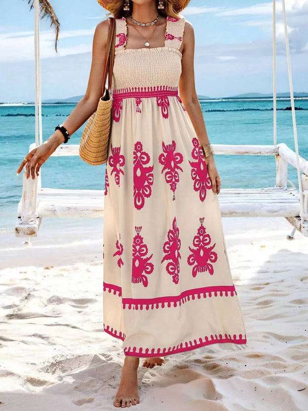 Smocked Printed Wide Strap Maxi Dress www.nizzadesign.com