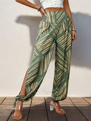 Perfee Smocked Slit Printed High Waist Pants Moss www.nizzadesign.com