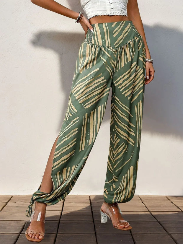 Perfee Smocked Slit Printed High Waist Pants Moss www.nizzadesign.com