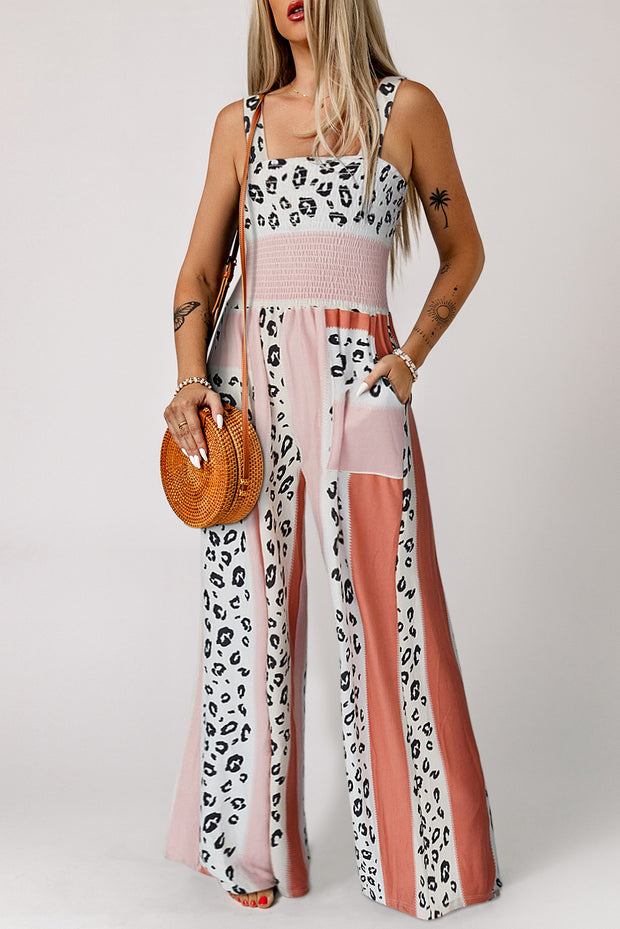 Leopard Color Block Smocked Jumpsuit Multicolor www.nizzadesign.com