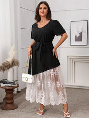 Plus Size Lace Patchwork Short Sleeve Maxi Dress Black www.nizzadesign.com