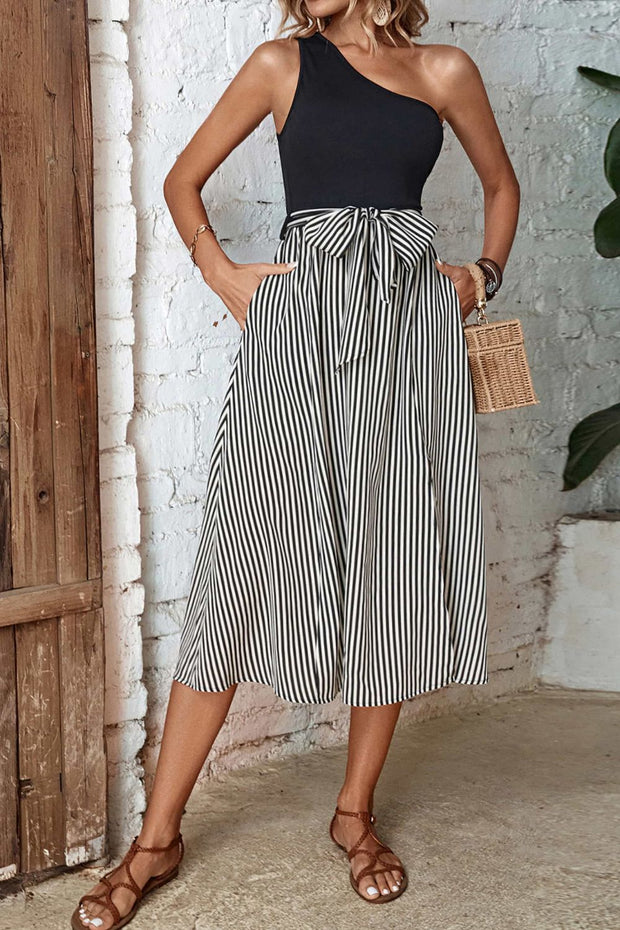 Perfee Striped One-Shoulder Slit Dress www.nizzadesign.com