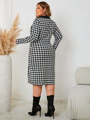 Honey Plus Size Houndstooth Long Sleeve Slit Dress www.nizzadesign.com
