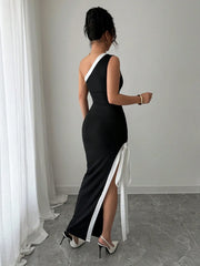 Slit Contrast Trim One-Shoulder Dress www.nizzadesign.com