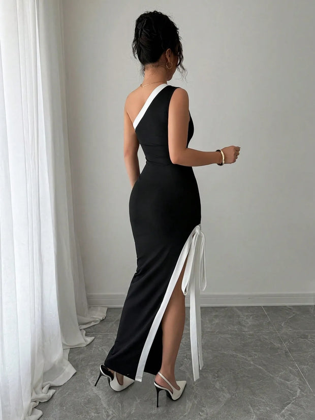 Slit Contrast Trim One-Shoulder Dress www.nizzadesign.com