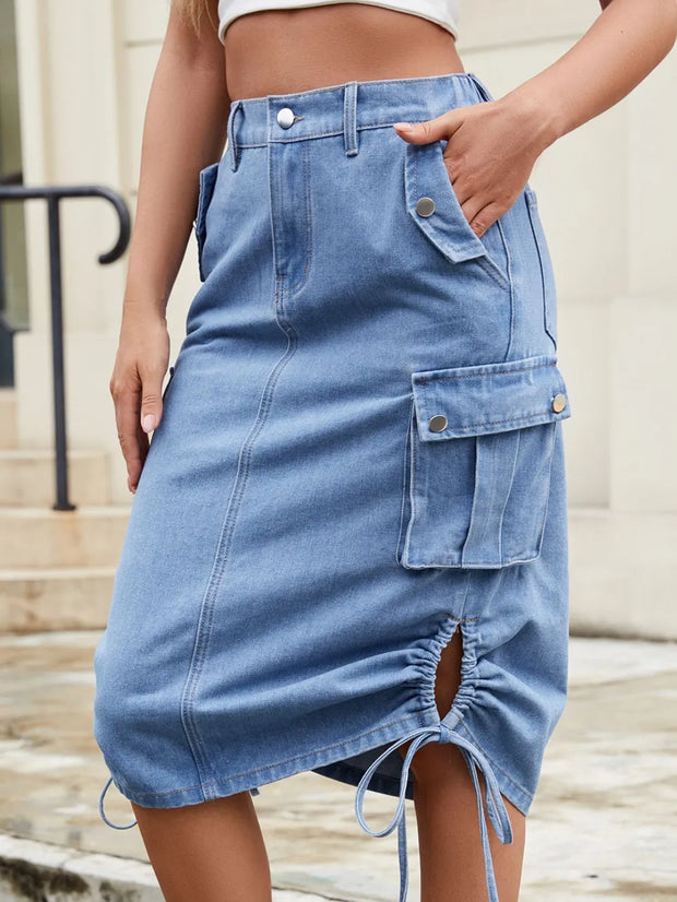 Drawstring Denim Skirt with Cargo Pockets www.nizzadesign.com
