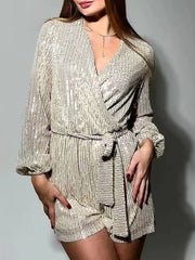 Full Size Sequin Surplice Tie Waist Long Sleeve Romper www.nizzadesign.com