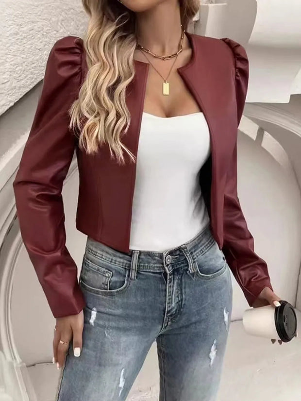 PU Leather Open Front Puff Sleeve Jacket Burgundy www.nizzadesign.com