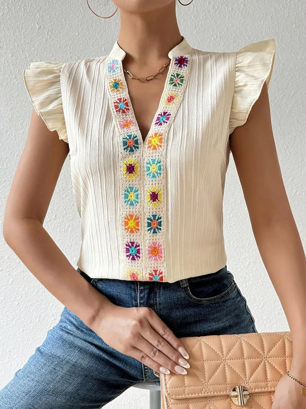 Embroidered Cap Sleeve Notched Blouse www.nizzadesign.com