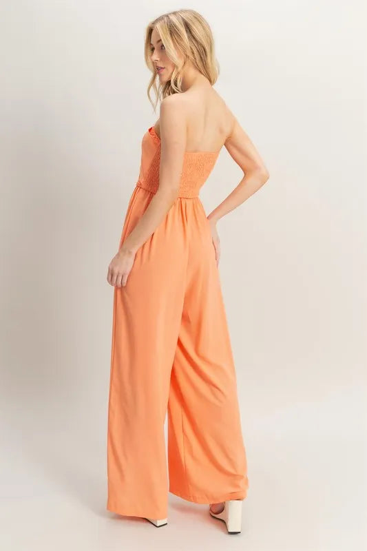 HYFVE Strapless Tie Front Smocked Jumpsuit www.nizzadesign.com