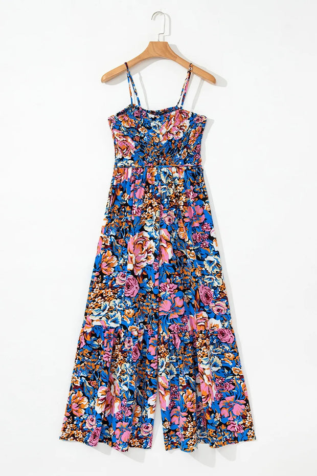 Floral Smocked Spaghetti Straps Wide Leg Jumpsuit www.nizzadesign.com