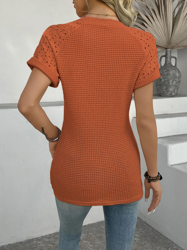 Hollow Out Waffle Knit Short Sleeve T-Shirt www.nizzadesign.com