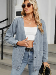Pocketed V-Neck Button Up Denim Jacket Light Blue www.nizzadesign.com