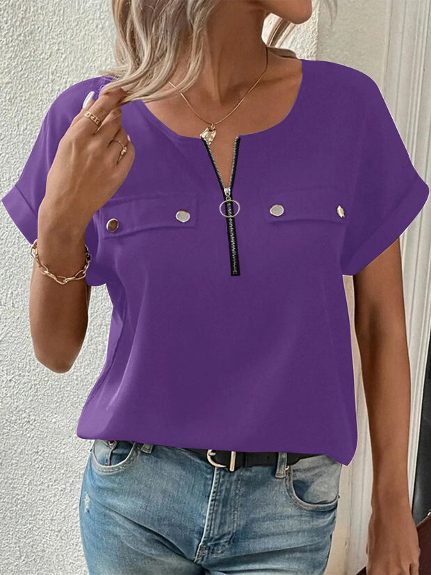 Casual Zipper Front Short Sleeve Blouse Purple www.nizzadesign.com