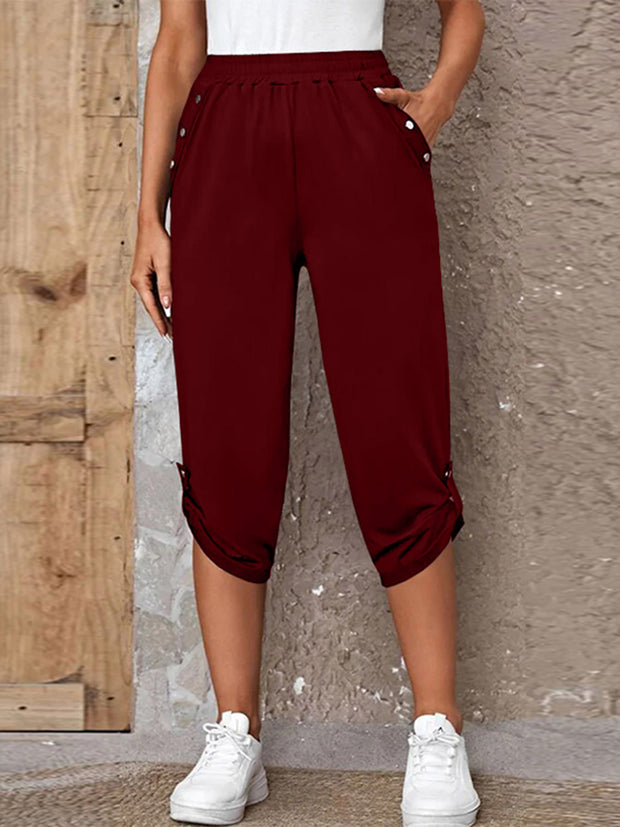 Full Size Roll-Tab Capris Pants Burgundy www.nizzadesign.com