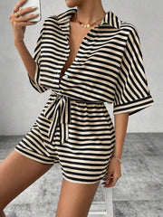 Tie Waist Half Button Striped Romper www.nizzadesign.com