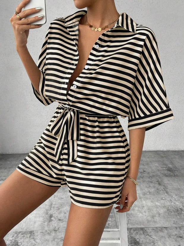 Tie Waist Half Button Striped Romper www.nizzadesign.com