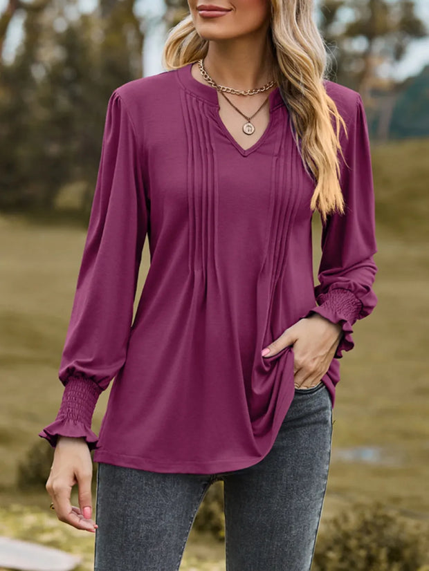 Ruched Notched Long Sleeve T-Shirt www.nizzadesign.com