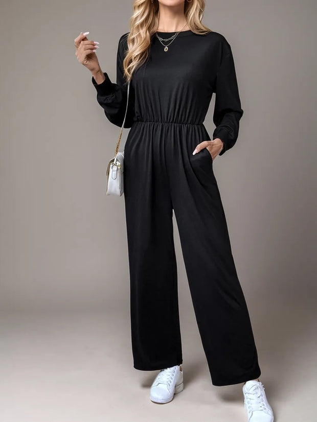 Tied Round Neck Wide Leg Jumpsuit Black www.nizzadesign.com