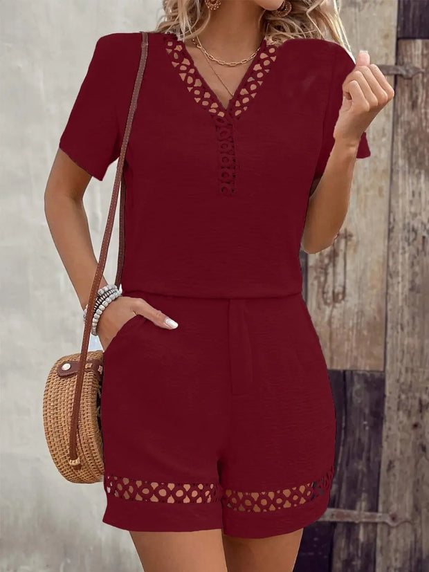 V Neck Short Sleeve Top and Shorts Set Burgundy www.nizzadesign.com
