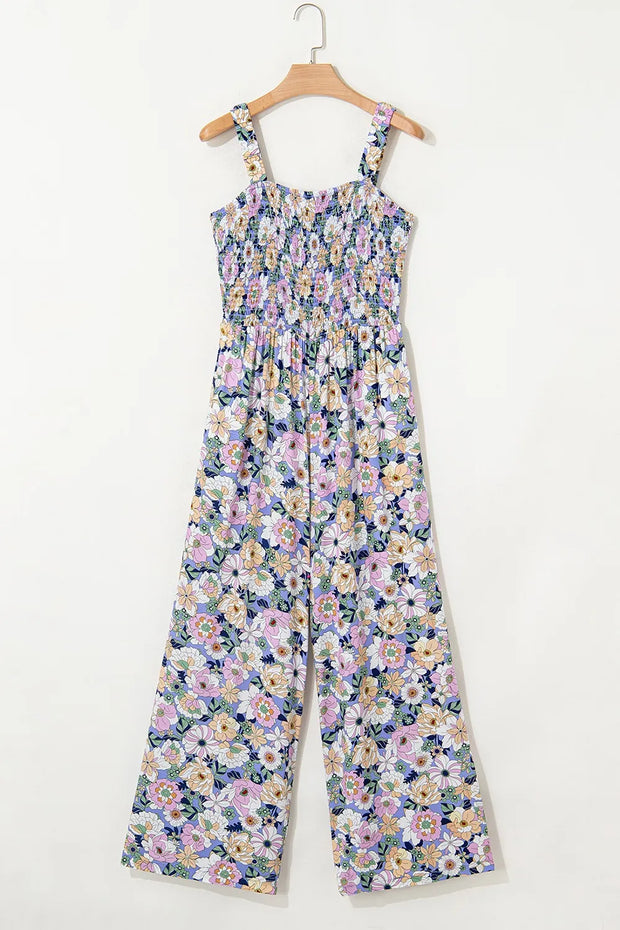 Floral Print Smocked High Waist Square Neck Jumpsuit www.nizzadesign.com