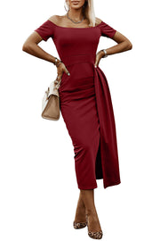 Off-Shoulder Short Sleeve Split Dress Deep Red www.nizzadesign.com