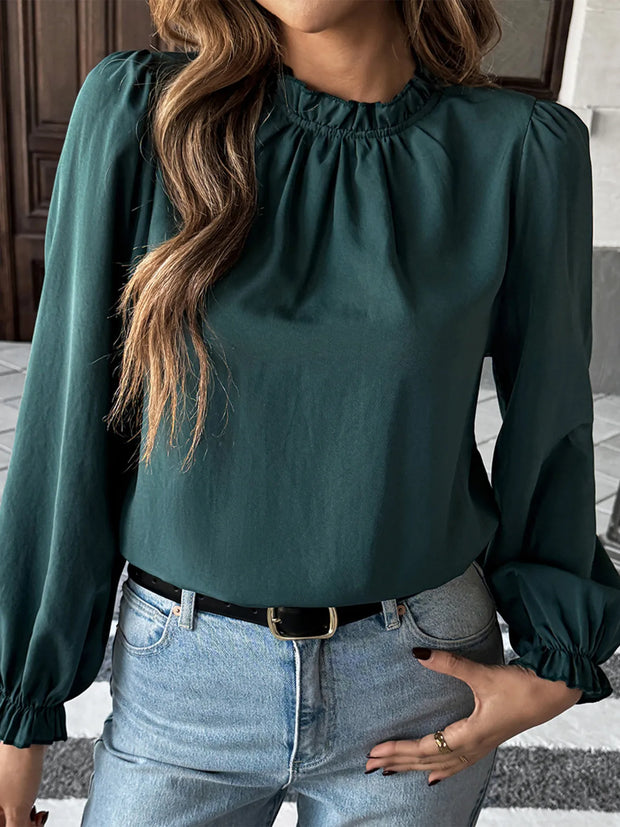 Ruched Round Neck Long Sleeve Blouse www.nizzadesign.com