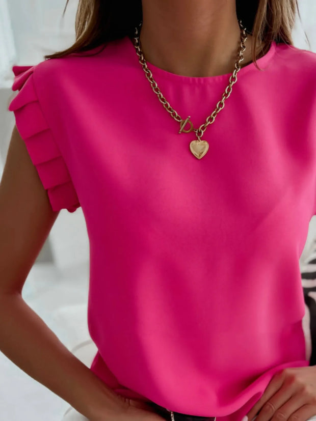 Ruffled Round Neck Cap Sleeve Top www.nizzadesign.com