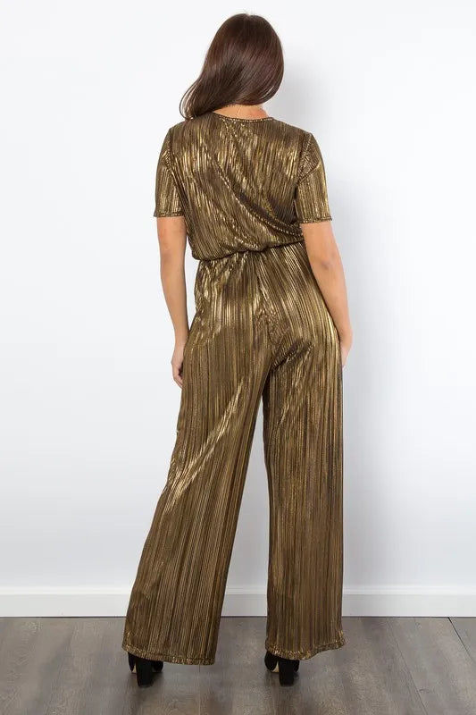 Be Stage Surplice Short Sleeve Pleated Foil Jumpsuit www.nizzadesign.com