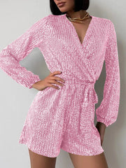 Full Size Sequin Surplice Tie Waist Long Sleeve Romper www.nizzadesign.com
