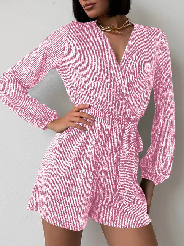 Full Size Sequin Surplice Tie Waist Long Sleeve Romper www.nizzadesign.com