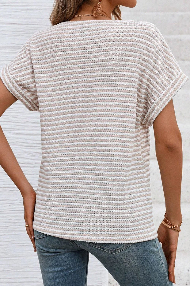 Stripe Buttoned Front V Neck T Shirt www.nizzadesign.com