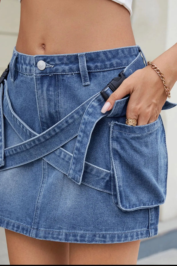 Criss-Cross Waist Detail Denim Mini Skirt www.nizzadesign.com