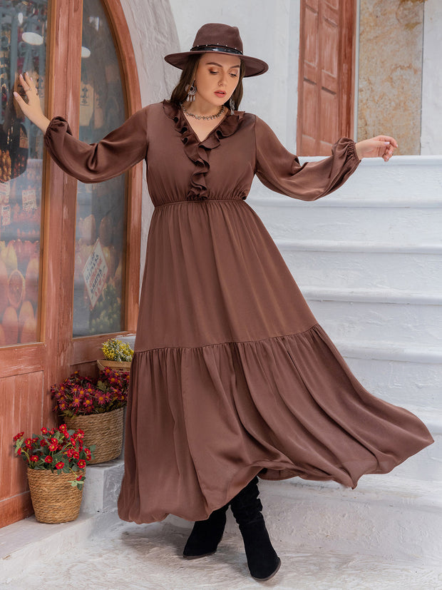 Plus Size V-Neck Ruffle Trim Maxi Dress Brown www.nizzadesign.com