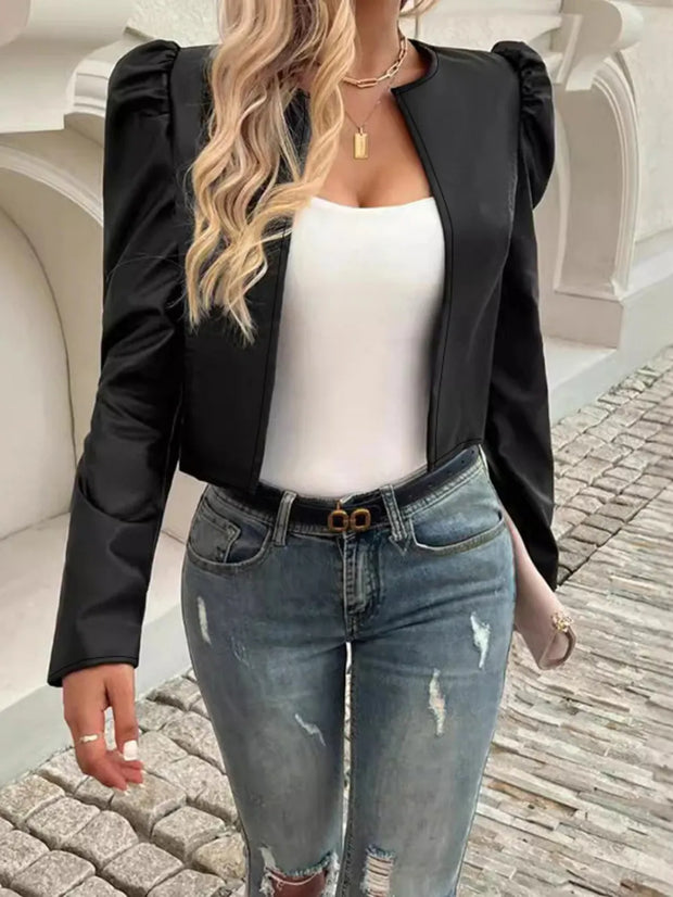 PU Leather Open Front Puff Sleeve Jacket www.nizzadesign.com