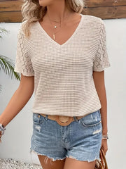 Lace Sleeve V-neck Waffle Knit Top www.nizzadesign.com