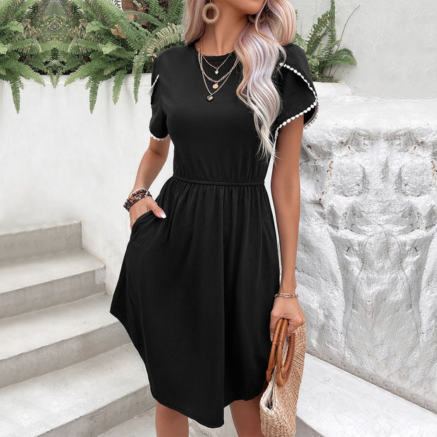 Perfee Round Neck Petal Sleeve Dress with Pockets Black L www.nizzadesign.com