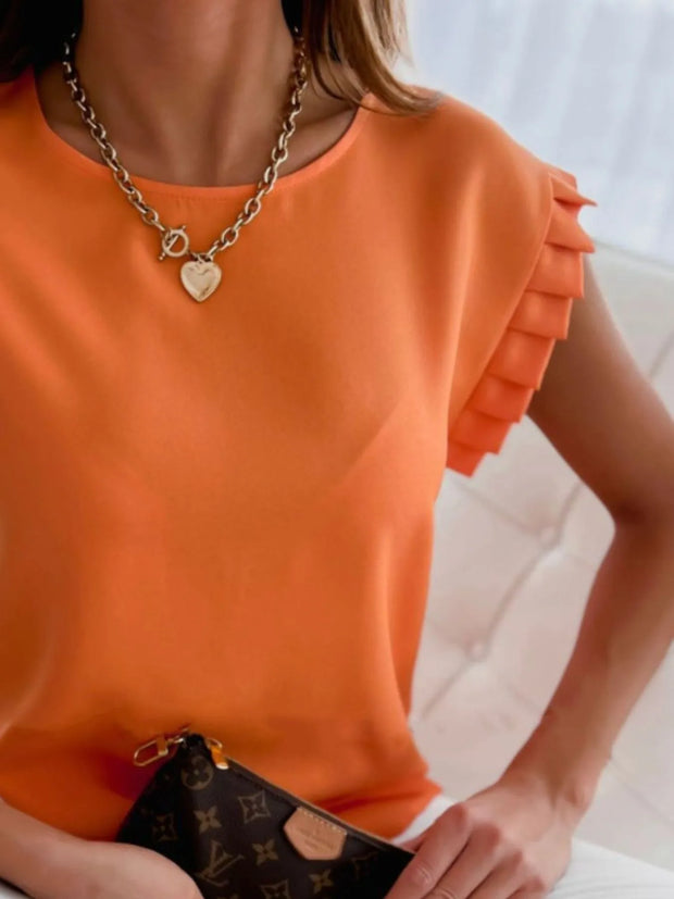 Ruffled Round Neck Cap Sleeve Top www.nizzadesign.com