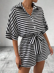 Tie Waist Half Button Striped Romper www.nizzadesign.com