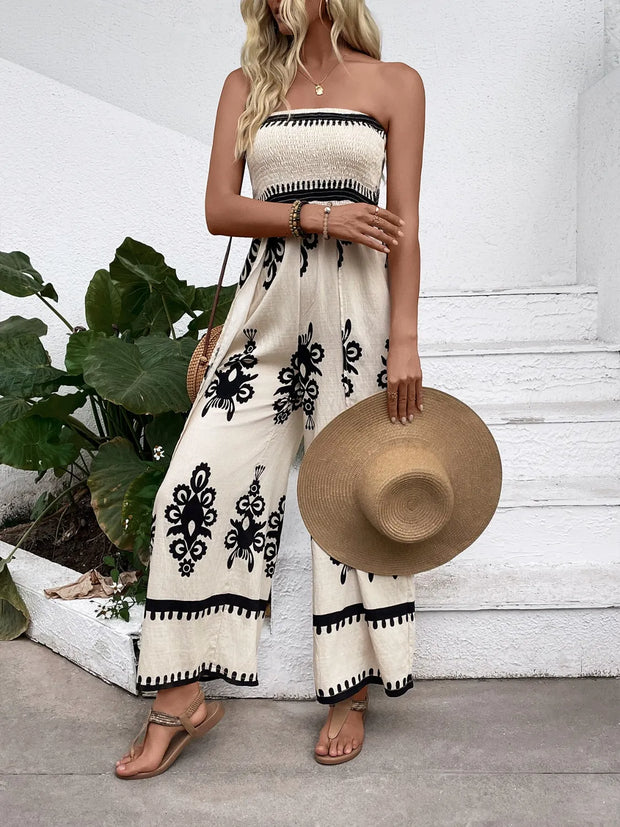 Smocked Printed Wide Leg Jumpsuit www.nizzadesign.com