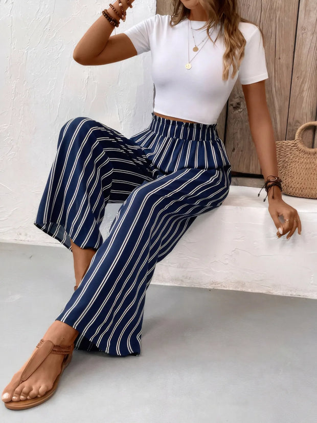 Striped Wide Leg Pants Dark Navy www.nizzadesign.com