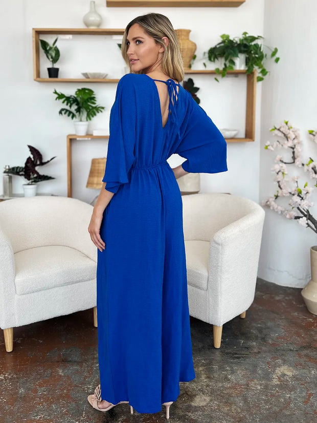 Double Take Full Size Surplice Wide Leg Jumpsuit with Pockets www.nizzadesign.com