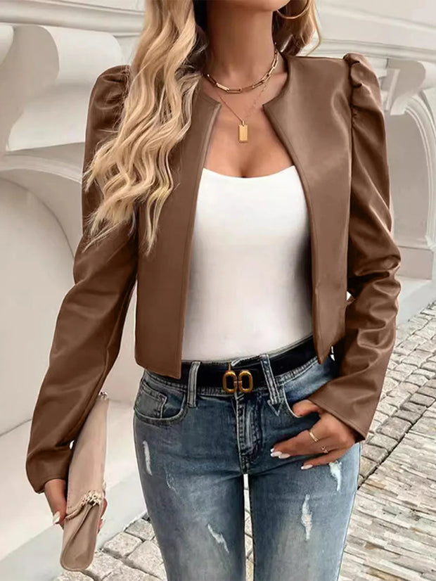 PU Leather Open Front Puff Sleeve Jacket Caramel www.nizzadesign.com
