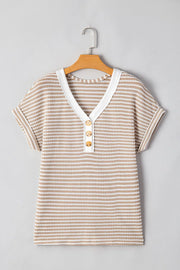 Stripe Buttoned Front V Neck T Shirt www.nizzadesign.com