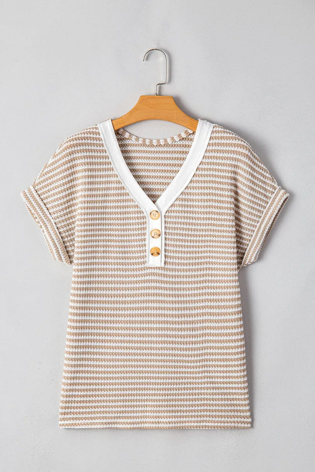 Stripe Buttoned Front V Neck T Shirt www.nizzadesign.com
