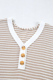 Stripe Buttoned Front V Neck T Shirt www.nizzadesign.com