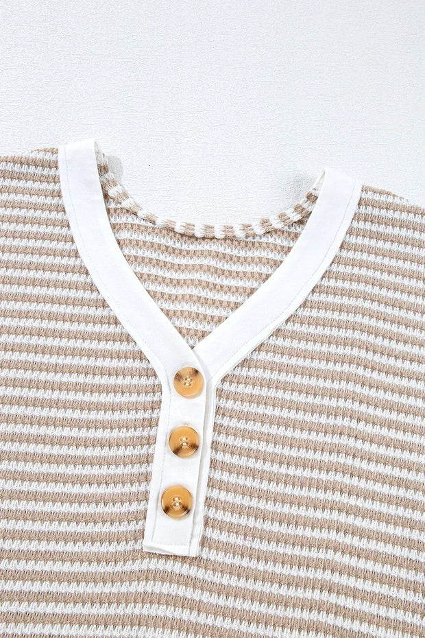 Stripe Buttoned Front V Neck T Shirt www.nizzadesign.com