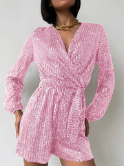 Full Size Sequin Surplice Tie Waist Long Sleeve Romper www.nizzadesign.com