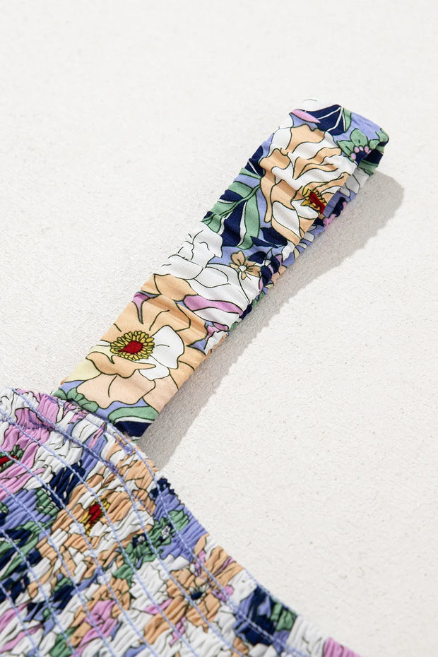 Floral Print Smocked High Waist Square Neck Jumpsuit www.nizzadesign.com